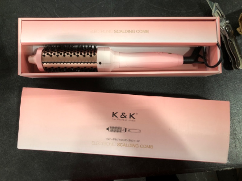 Photo 2 of K&K 1.5 Inch Heated Curling Comb Ceramic Tourmaline Ionic Curling Iron Volumizing Brush Quick Heating Makes Hair Silky Smooth Dual Voltage Travel-Friendly Straightening Comb Round Design

