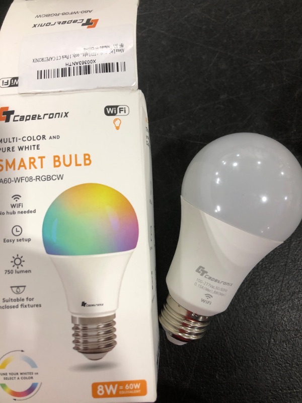 Photo 1 of Alexa Light Bulb, LED Light Bulb, Smart Bulb, Work with Alexa Google Echo Dot(No Hub Required), WiFi Color Changing Light Bulb, RGBCW A19 E26 Equivalent 60W, Dimmable 2.4Ghz only, 1 Pack CT CAPETRONIX

