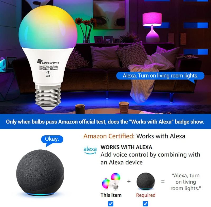 Photo 1 of Alexa Light Bulb, LED Light Bulb, Smart Bulb, Work with Alexa Google Echo Dot(No Hub Required), WiFi Color Changing Light Bulb, RGBCW A19 E26 Equivalent 60W, Dimmable 2.4Ghz only, 1 Pack CT CAPETRONIX
