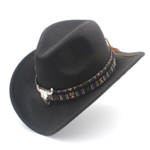 Photo 1 of Adult Wool Western Cowboy Hat Wide Brim Cowgirl Jazz Sombrero Cap Tassel Ribbon
