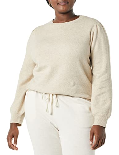 Photo 1 of Amazon Essentials Women's Soft Touch Pleated Shoulder Crewneck Sweater, Beige, Large
