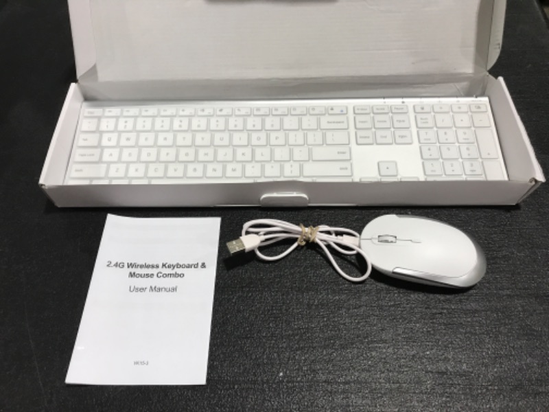 Photo 2 of Wireless Keyboard and Mouse Ultra Slim Combo, TopMate 2.4G Silent Compact USB Mouse and Scissor Switch Keyboard Set with Cover, 2 AA and 2 AAA Batteries, for PC/Laptop/Windows/Mac - Silver White. OPEN BOX. 
