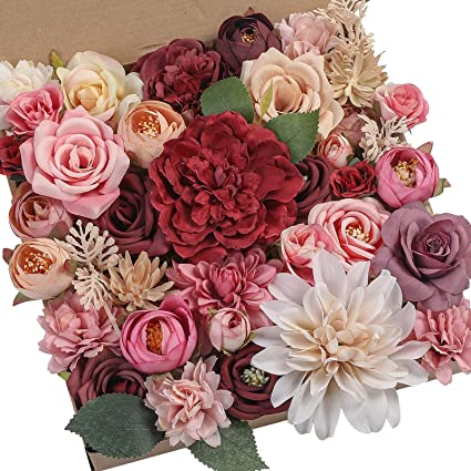 Photo 1 of  Flora Artificial Flowers Combo Box Set Faux Flowers Bulk Flower Leaf with Stems for DIY Wedding Bouquets Centerpieces Baby Shower Party Home Decorations- (Burgundy Pink)
