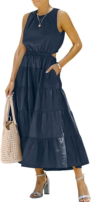 Photo 1 of ANRABESS Womens Summer Sleeveless Cutout Maxi Dress Crewneck Tiered Flowy A-Line Sundress with Pockets
