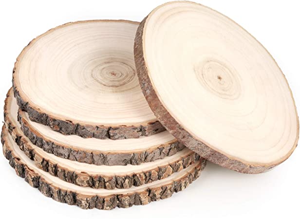 Photo 1 of 5Pcs 10-12" Inch Round Rustic Wood Slices, Unfinished Natural Poplar with Tree Bark, Disc Coasters Wood Coaster for Weddings, Table Centerpieces and Other DIY Projects