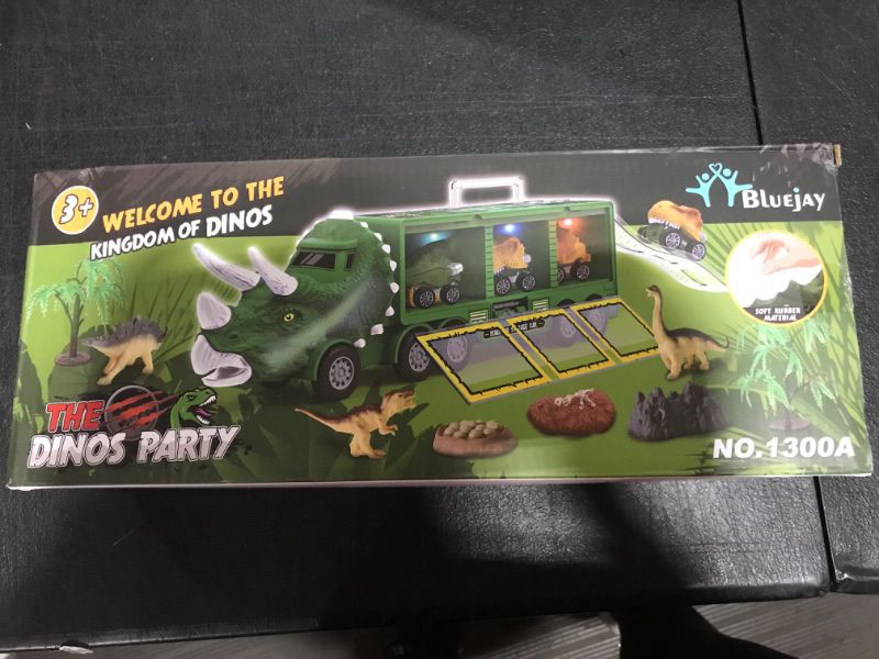 Photo 2 of BLUEJAY 21 Pack Dinosaur Toys for Kids 3-7, Dinosaur Truck with Oversized Dinosaur Map, Flashing Lights, Music and Roaring Sound, Kids Toys with 6 Pull Back Dinosaur Cars, 6 Dinosaur Toys (Green)