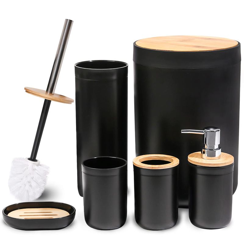 Photo 1 of 6 Pcs Bamboo and Plastic Bathroom Accessories Sets, Includes Toothbrush Cup, Toothbrush Holder, Soap Dispenser, Soap Dish, Toilet Brush with Holder, Trash Can, with 3 Pcs Toothbrushes 