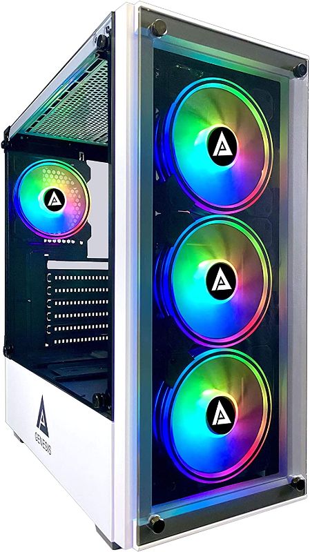 Photo 1 of Apevia Genesis-WH Mid Tower Gaming Case with 2 x Tempered Glass Panel, Top USB3.0/USB2.0/Audio Ports, 4 x RGB Fans, White Frame
