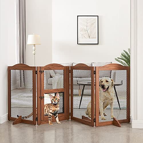 Photo 1 of BeeNbkks Freestanding Walk Through Pet Gate with Small Cat Door, Metal Mesh Wooden Dog Gates for the House Doorways Stairs, Indoor Pet Barrier Fence,
