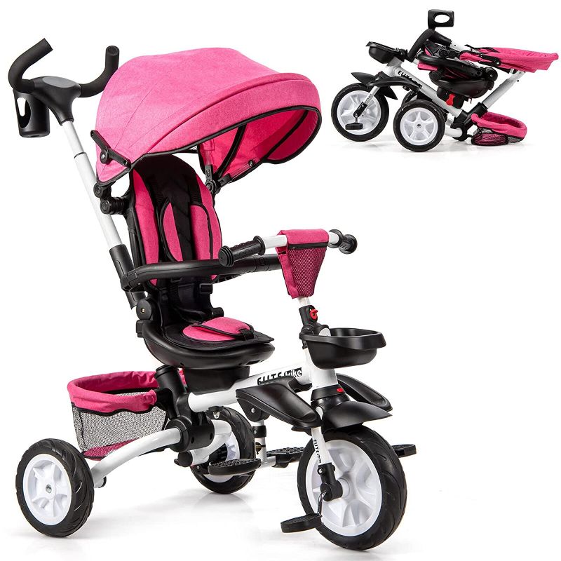 Photo 1 of BABY JOY Tricycle, 7 in 1 Folding Toddler Bike w/Removable Push Handle, Rotatable Seat, Adjustable Canopy, Safety Harness, Storage, Cup Holder, Trike for 1-5 Year Old, Tricycle for Toddlers (Pink)
