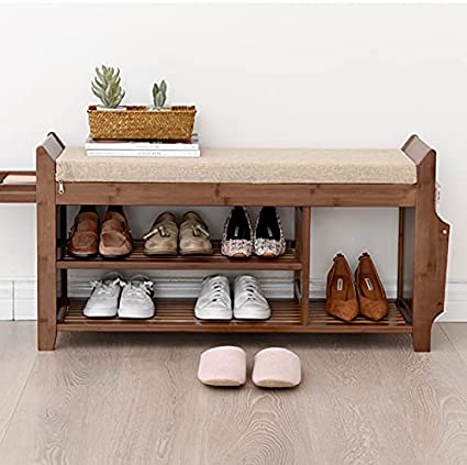 Photo 1 of ZLELOUY Shoe Bench Shoe Rack Boot Organizer with baskets drawers For Hallway Entryway 2-Tier Bamboo Cushion Storage Shelf
