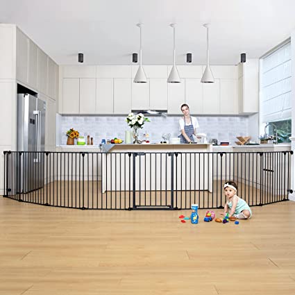 Photo 1 of COMOMY 198" Baby Gate Extra Wide, Dog Gate Pet Gate for House Stairs Doorways Fireplace, Adjustable 3 in 1 Play Yard Child Safety Gate, Auto Close, Hardware Mounted (30" Tall, Black)
