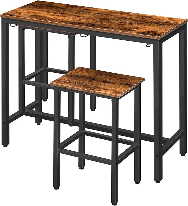 Photo 1 of **SEE NOTES**HOOBRO Bar Table Set, Bar Table with 2 Bar Stools, Hang Bar Chair Under Bar Table, 3 Piece Dining Table Set for Kitchen, Living Room, Saving Space, Sturdy Metal Frame, Rustic Brown BF54BT01