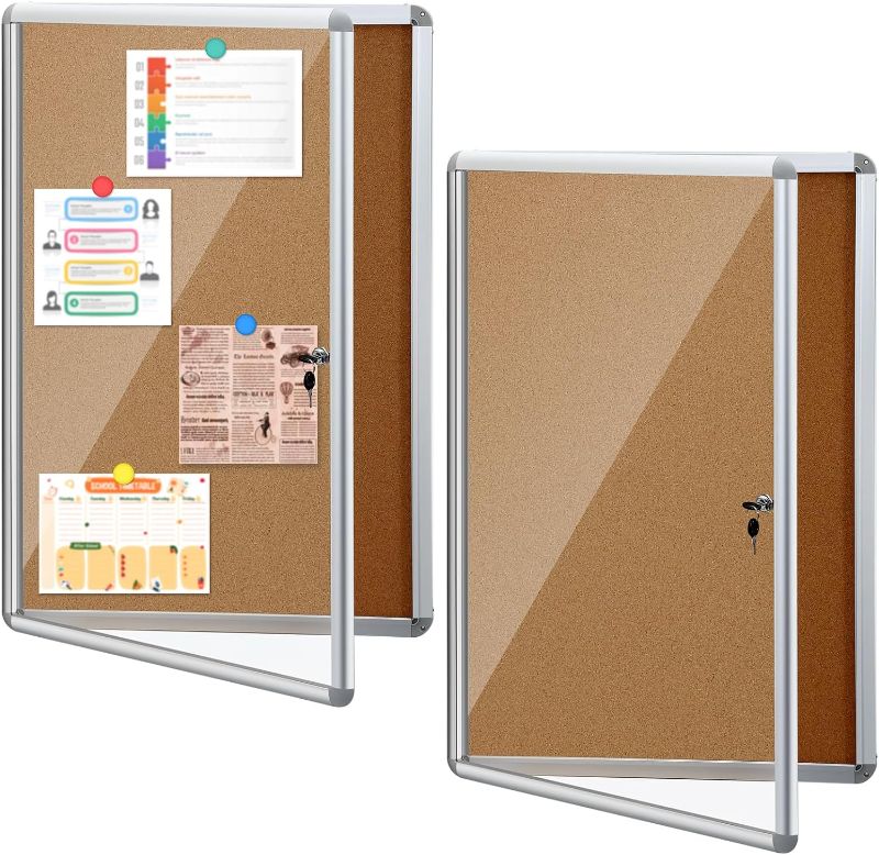 Photo 1 of Blulu 2 Set Enclosed Bulletin Boards Lockable Noticeboard Windproof Outdoor Cork Display Wall Case with Locking Door for School Office Notices(Burlywood, 46.5 x 36 Inch)