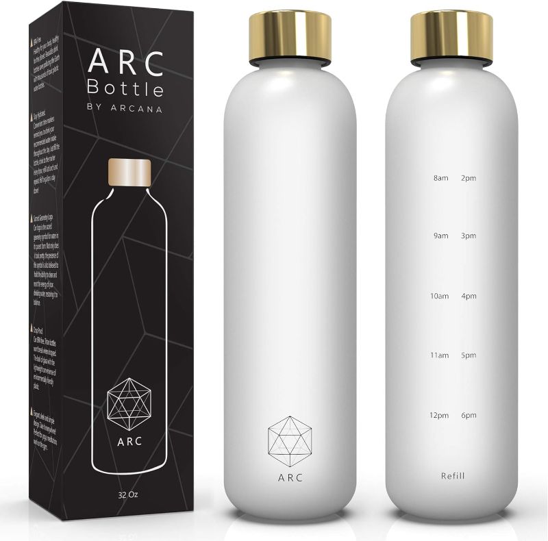 Photo 1 of ARCANA Arc Water Bottle With Time Marker - Motivational Water Bottles With Times To Drink - BPA Free Frosted Plastic - Gym, Sports, Outdoors (32oz, clear)
