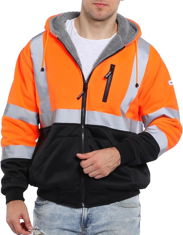 Photo 1 of FONIRRA Men's High Visibility Safety ANSI Class 3 Lined Fleece Hoodie Sweatshirt with Black Bottom Jumper Workwear for Men(Orange,XL)