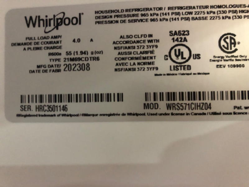 Photo 4 of DENTED FRONT Whirlpool 20.6-cu ft Counter-depth Side-by-Side Refrigerator with Ice Maker (Fingerprint Resistant Stainless Steel)
