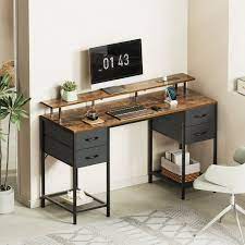 Photo 1 of Huuger 55" Computer Desk with LED Lights & Power Outlets, Industrial Home Office Desk with Drawers & Storage Shelves, Corner Writing Desk, Gaming Desk, Rustic Brown
