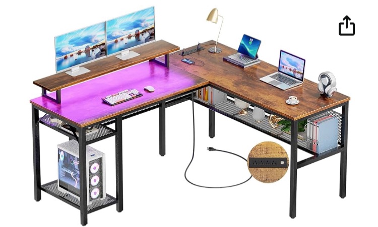 Photo 1 of Unikito L Shaped Desk with Magic Power Outlets and Smart Strip Light, Reversible 55 Inch Corner Computer Desk with Monitor Stand, Unique Grid Design, Office Table with Storage Shelves, Rustic Brown