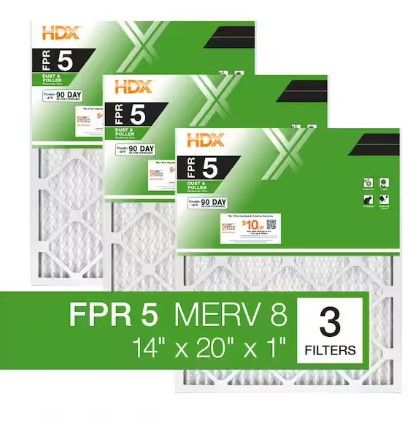 Photo 1 of 14 in. x 20 in. x 1 in. Standard Pleated Furnace Air Filter FPR 5, MERV 8 (3-Pack)
