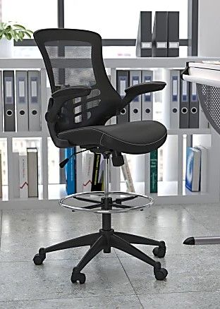 Photo 1 of Flash Furniture Mid-Back Mesh/LeatherSoft Drafting Chair with Flip-Up Arms, Black
