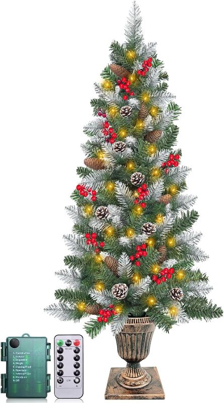 Photo 1 of  4 FT Snowy Christmas Entrance Tree in Gold Pot Base with Timer 80 Warm Lights Remote 8 Modes Battery Operated 140 Branchs 15 Pine Cones 105 Red Berries for Porch Front Door Entryway Home Decor