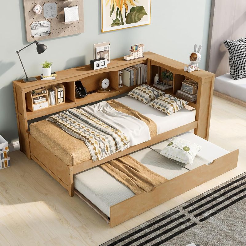 Photo 1 of ***BOX 1 OF 2*** HomSof Twin Size Daybed with Trundle,L-Shaped Bookcases,Storage Cabinets and USB Ports,Wood Color
