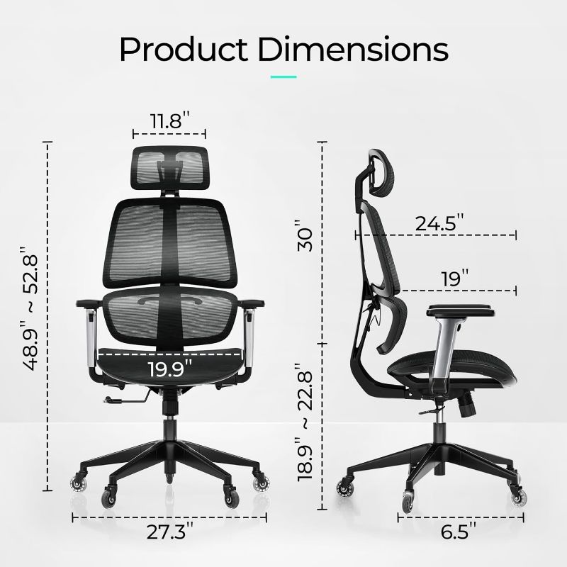 Photo 3 of (READ NOTES) LINSY HOME High-Back Office Chair, Swivel Ergonomic Task Chair with Adjustable Headrest and Arms, Lumbar Support and PU Wheels, Computer Mesh Chair for Home Office, Black