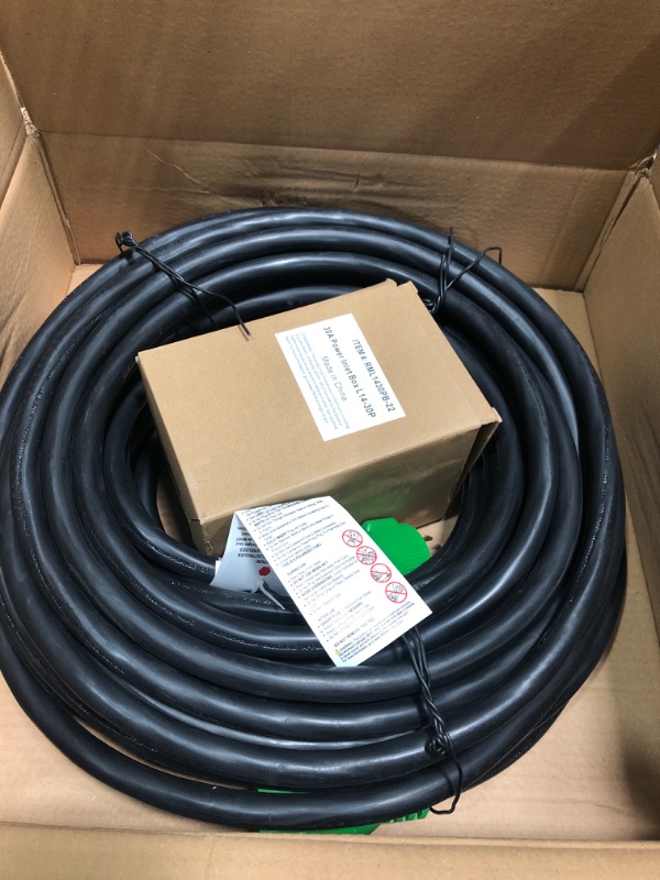 Photo 2 of labwork 100FT 30A L14-30P to L14-30R Generator Extension Cable Green Connector Black Wire with Pre-Drilled Power Input Box 4 Prong Green 100FT