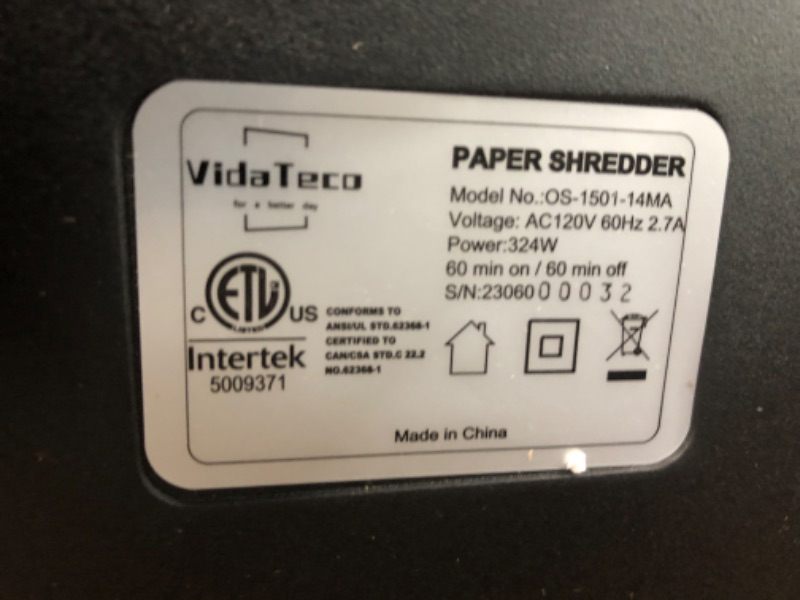 Photo 3 of Paper Shredder for Home Office,VidaTeco 14-Sheet 60-Mins Micro Cut Shredder with US Patented Blade,Shred Card/CD/Clip/Staple,Shredder for Home Use Heavy Duty,AUTO Jam Proof,5.3-Gallon Pullout Bin(ETL) P4 14 Sheet