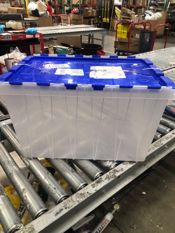 Photo 2 of Akro-Mils 66486 12-Gallon Plastic Stackable Storage Keepbox Tote Container with Attached Hinged Lid, 21-1/2-Inch x 15-Inch x 12-1/2-Inch, Clear/Blue Clear/Blue Keep Box