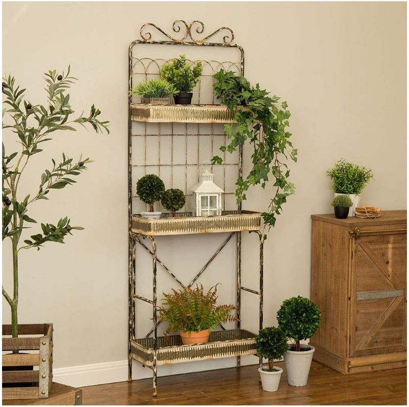 Photo 1 of   glitzhome 68''H Plant Stand, 3-Tier Farmhouse Metal Plant Shelf for Indoor Outdoor with Trellis and Adjustable Shelf, Heavy Duty Steel Frame Flower Display Holder for Home, Garden, Patio