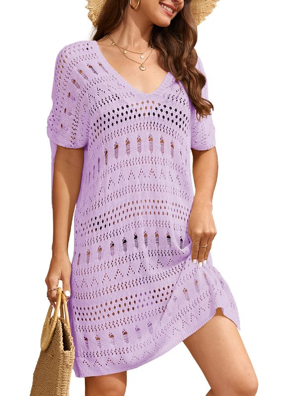 Photo 1 of Chang Yun Swimsuit Coverup for Women Bathing Suit Cover Ups for Swimwear Women Bikini Beach Crochet Oversized Tops Purple Medium