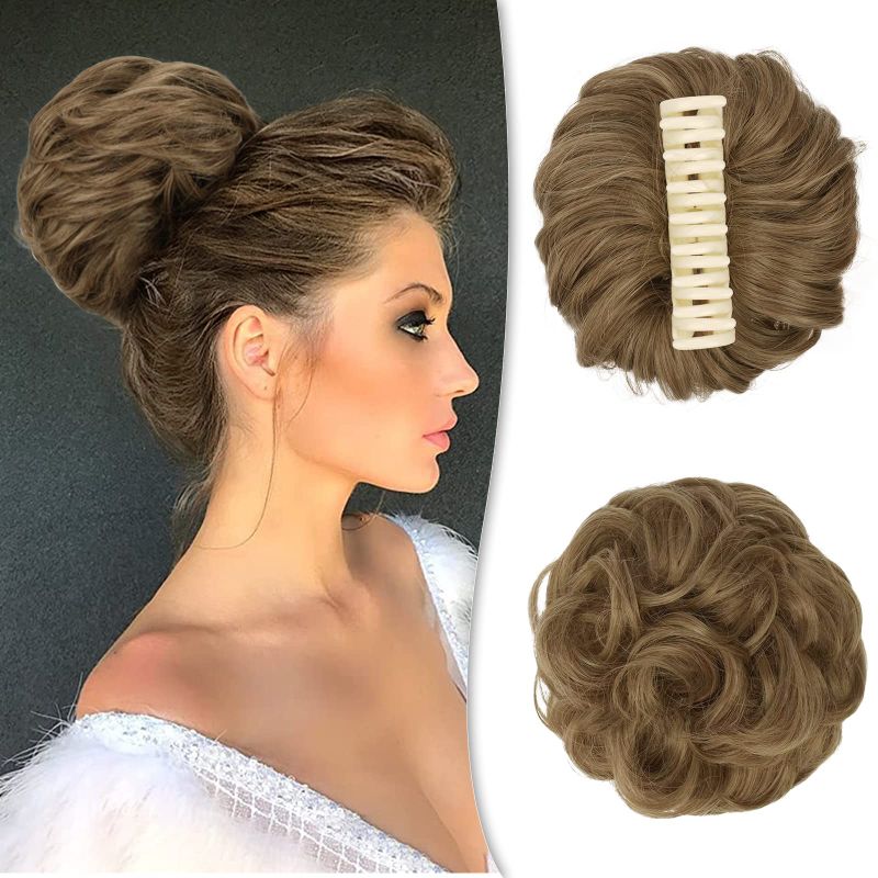 Photo 1 of 3pcks of BARSDAR Claw Clip Messy Bun Hair Piece, Curly Messy Hair Bun Scrunchies Clip in Claw Chignon Synthetic Hair Extensions Rose Bun Hairpieces For Women Girls(Light Brown & Blonde Evenly) 1 Count (Pack of 1) Light Brown & Blonde