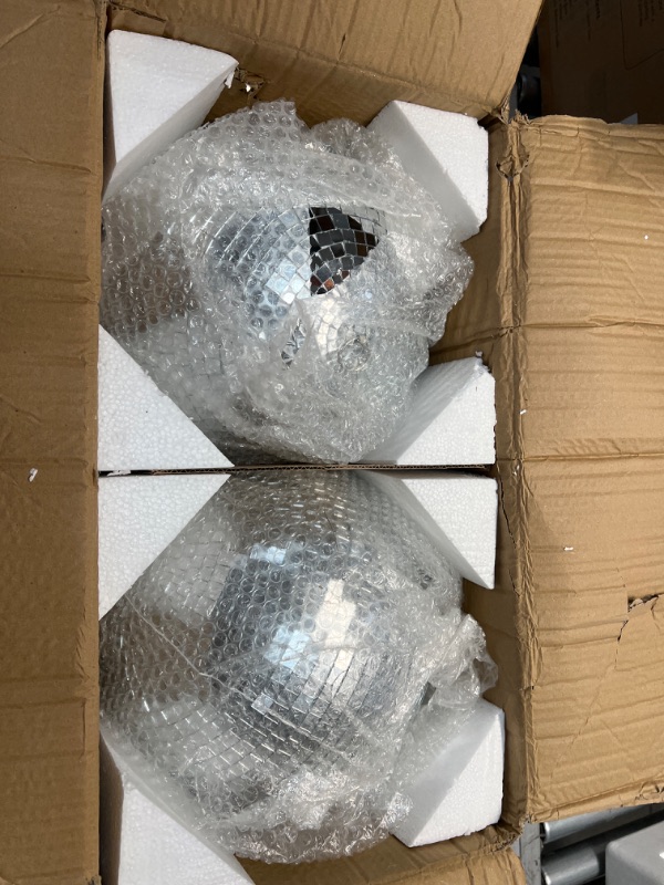 Photo 2 of 2 Pack Large Disco Ball Silver Hanging Mirror Disco Ball Reflective Mirror Disco Ball Ornament for Party Holiday Wedding Dance Music Festivals Decor Club Stage Props DJ Decoration (12 Inch, 12 Inch)