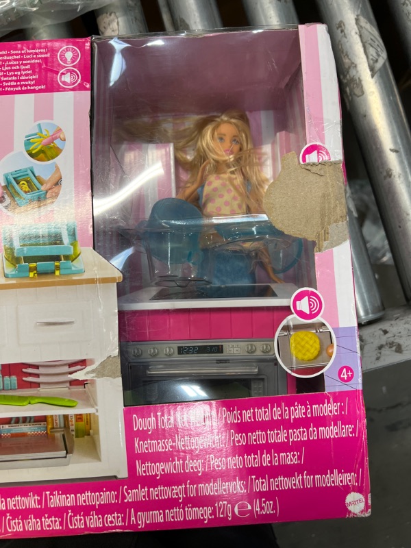 Photo 2 of Barbie Kitchen Playset with Doll, Lights & Sounds, Food Molds, 5 Dough Colors and 20+ Accessories Frustration Free