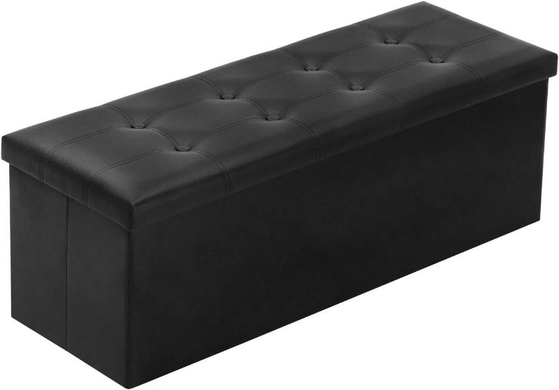 Photo 1 of *** MINOR FLAWS ON THE CORNER & EDGE *****YOUDENOVA 43 Inches Folding Storage Ottoman Bench, Storage Chest Foot Rest Stool with Wooden Divider, Bed End Bench with 120L Large Storage Space, Faux Leather (Black, 43"L x 15"W x 15"H)