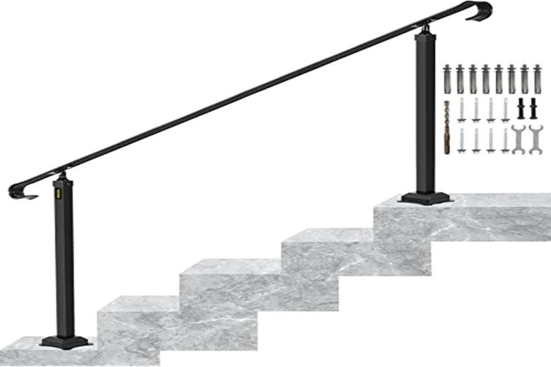 Photo 1 of ***MISSING HARDWARE ***VEVOR Handrails for Outdoor Steps, Fit 3 or 5 Steps Outdoor Stair Railing, Wrought Iron Handrail, Flexible Front Porch Hand Rail, Black Transitional Hand railings for Concrete Steps or Wooden Stairs