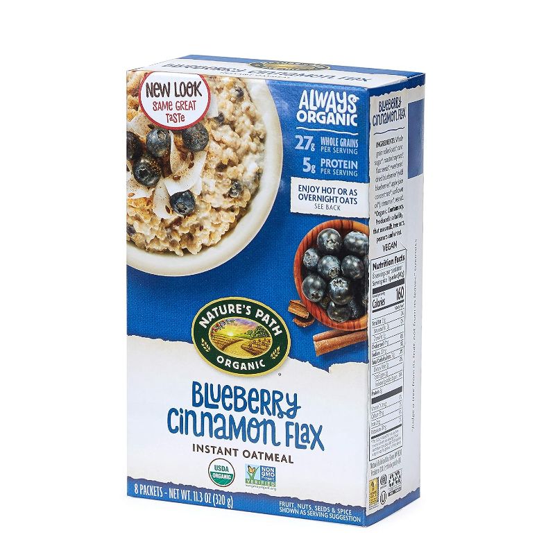 Photo 1 of * boxes damaged product intact *
BB: 10/2024* Nature's Path Organic Blueberry Cinnamon Flax Instant Oatmeal, 
