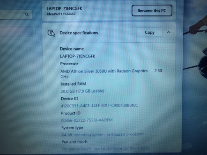 Photo 12 of DAMAGED. PARTS ONLY. NOT FUNCTIONAL. EXTERIOR SCRATCHES.  Lenovo 15.6" Laptop, IdeaPad 1, 20GB RAM, 1TB PCIe SSD, Wi-Fi 6 and Bluetooth 5.1, HDMI, SD Card Reader, 15.6"