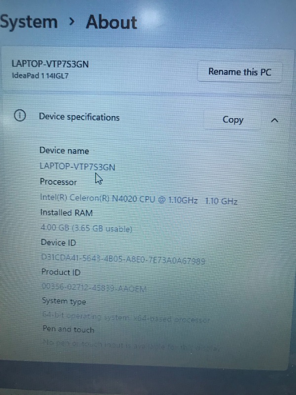 Photo 5 of SCRATCHED EXTERIOR SURFACE**Lenovo IdeaPad 1 14IGL7 14" Laptop Intel Pentium Silver N5030 4GB Ram 128 GB eMMC W11H in S mode