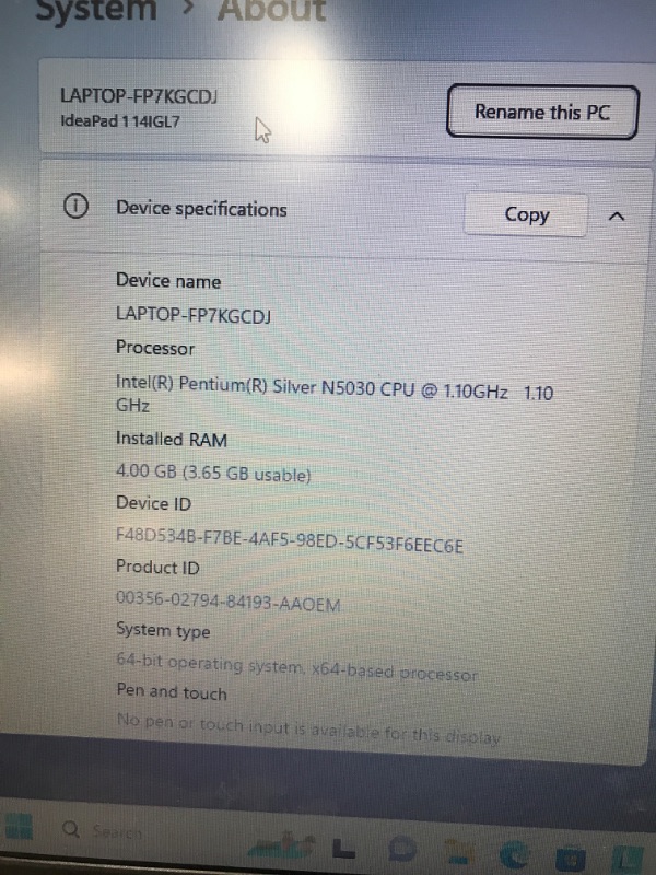 Photo 8 of SCRATCHED EXTERIOR/INTERIOR SURFACES**Lenovo Ideapad 1i, 14.0" Laptop, Intel Pentium N5030, 4GB RAM, 128GB eMMC Storage, Cloud Grey, Windows 11 in S Mode, 82V6001DUS
