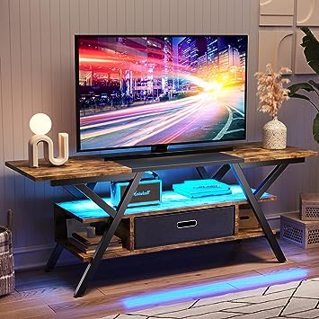 Photo 1 of Bestier Led TV Stand for Bedroom Gaming TV Stand for 55 Inch TV Gaming Entertainment Center Industrial Rustic TV Stand with Led Lights 20 Modes TV Console with Fabric Drawer
