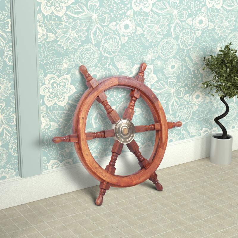 Photo 1 of 18" Teak Wood Ship Wheel with Brass Inset and Six Spokes, Brown and Gold- Saltoro Sherpi