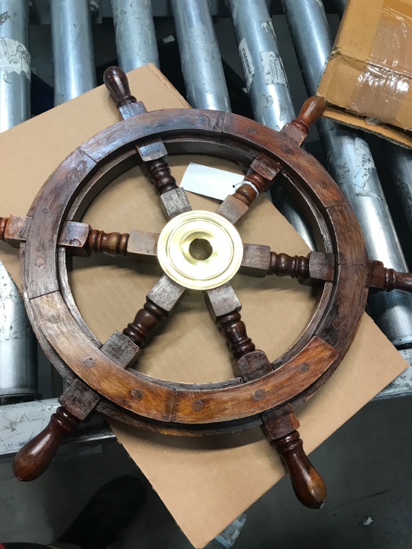 Photo 1 of 18" Teak Wood Ship Wheel with Brass Inset and Six Spokes, Brown and Gold- Saltoro Sherpi