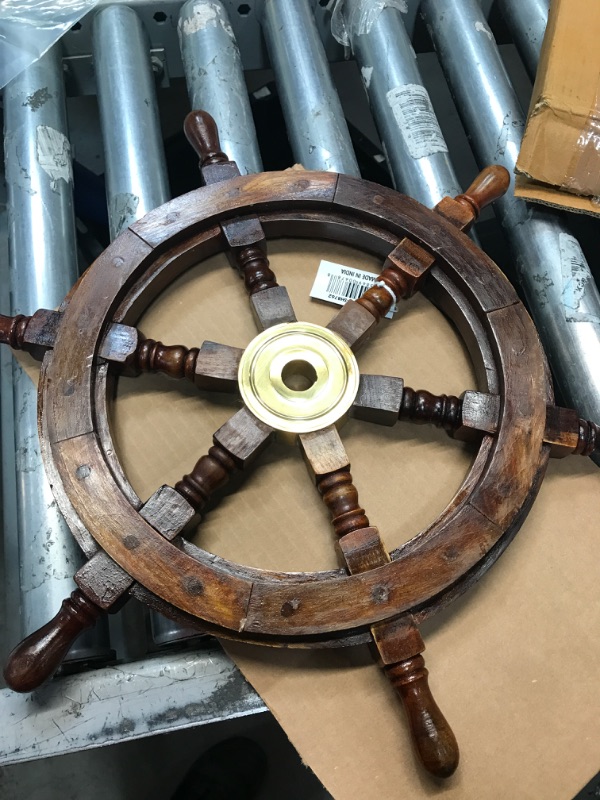 Photo 3 of 18" Teak Wood Ship Wheel with Brass Inset and Six Spokes, Brown and Gold- Saltoro Sherpi