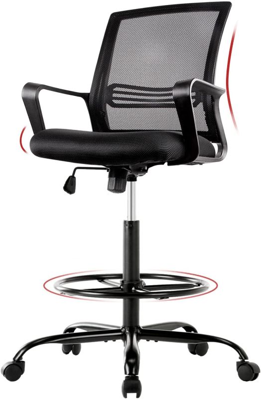 Photo 1 of Mid-Back Mesh Drafting Chair - Tall Office Chair with Armrest Standing Desk Chair Counter Height with Adjustable Foot Ring (Black)