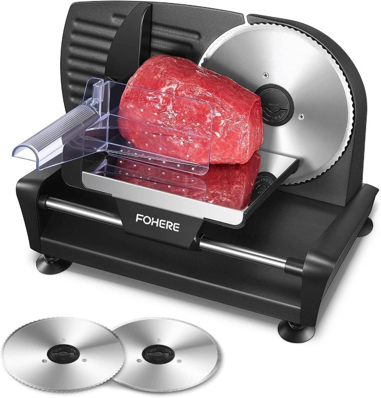 Photo 1 of FOHERE Meat Slicer for Home Use, 200W Electric Deli Food Slicer with Removable Two 7.5” Blades, 0-15 Precise Thickness Knob Cut Deli Food, Meat Ham Bread Fruit, Include Food Carriage, Black
