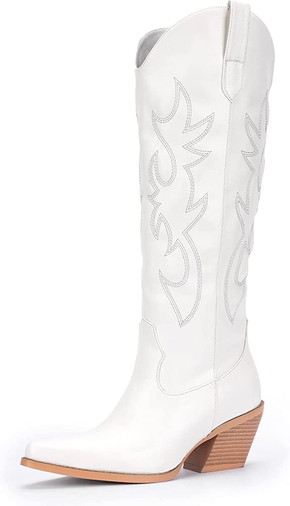 Photo 1 of Pasuot Rhinestone Cowboy Boots for Women - Wide Calf Knee High Cowgirl Boots with Side Zipper and Sparkly Glitter Embroidery, Almond Toe Mid Heel Retro Fashion Tall Cowgirl Boot Pull On for Ladies Size 6