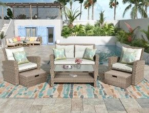 Photo 1 of ***BOX 2 OF 2*** Patio Furniture Set; 4 Piece Outdoor Conversation Set All Weather Wicker Sectional Sofa with Ottoman and Cushions

